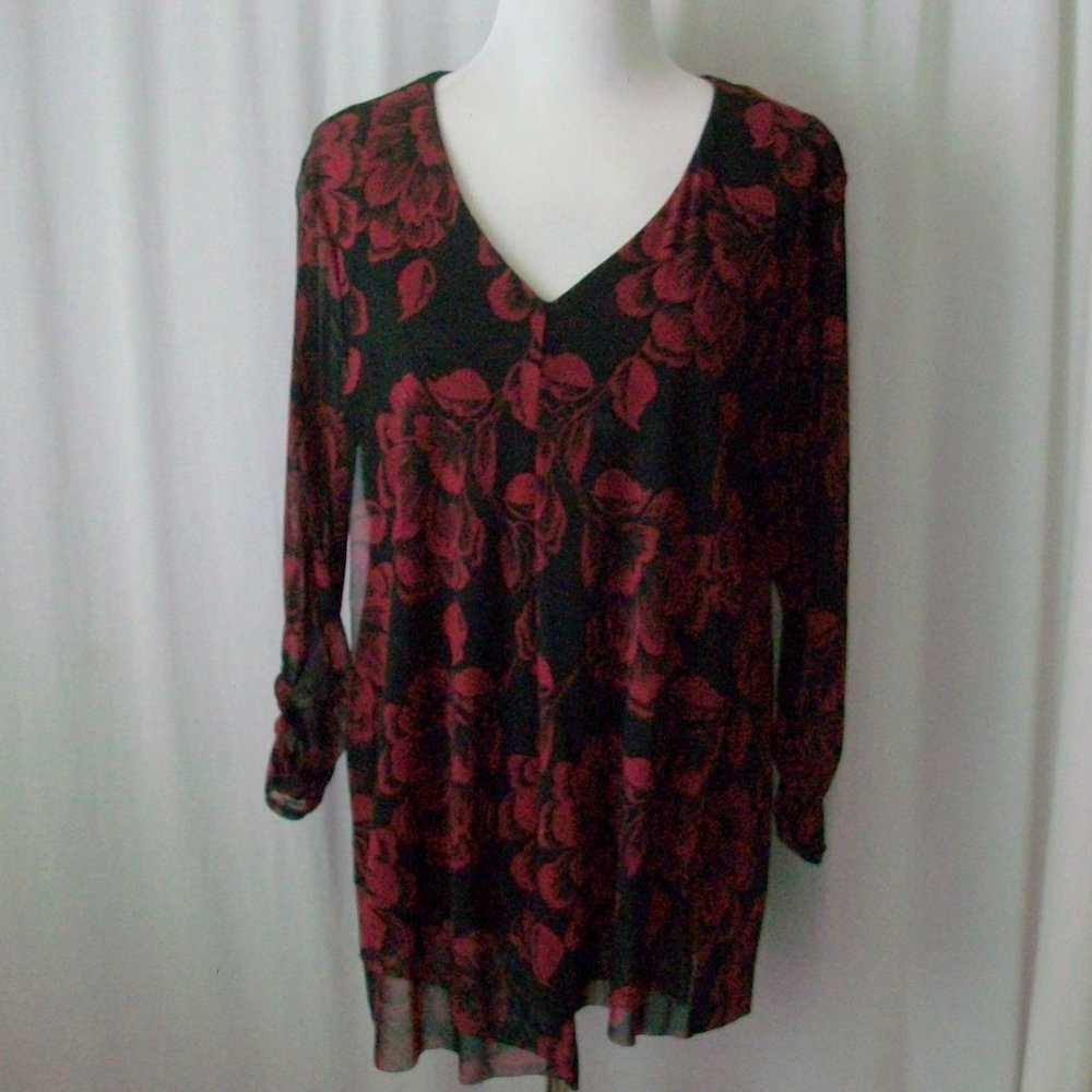 Alfani Long Ruche Sleeve V Neck Lined Top Blouse Red Black Floral Pattern SZ XL